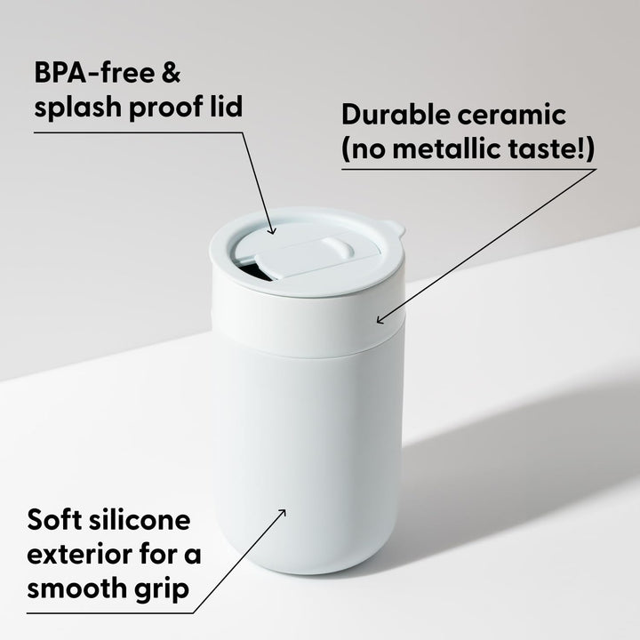 W&P Porter Ceramic Mug w/ Protective Silicone Sleeve, Blush 16 Ounces | On-the-Go | No Seal Tight | Reusable Cup for Coffee or Tea | Portable | Dishwasher Safe