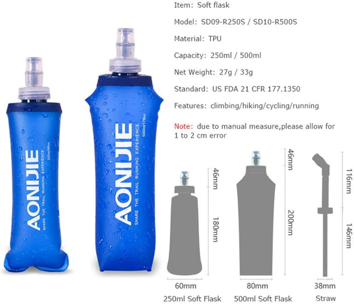 2pcs Foldable 250mL/500mL TPU Outdoor Sport Water Hydration Bottle Soft Flask For Running Camping Hiking Bicycle (250ML-2pcs)