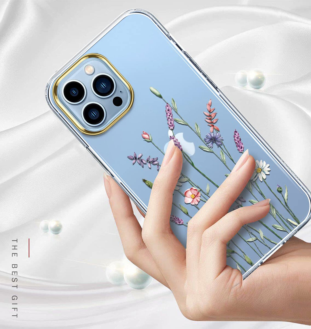 Compatible with iPhone 13 Pro Max Case with Flower,for Girly Women,Shockproof Clear Floral Pattern Hard Back Cover for iPhone 13 Pro Max 6.7 inch 2021-Wildflowers