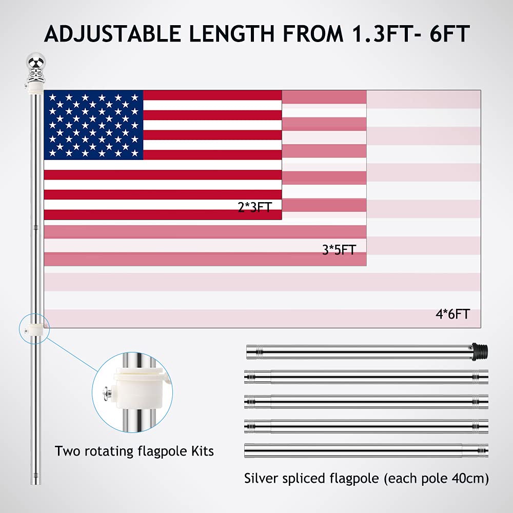 Flag Poles for Outside House, 6ft Flag Pole with Bracket and Rings, Stainless Steel Wall Mounted Flag Pole Kit for House Yard Garden Outdoor Residential or Commercial (Silver)