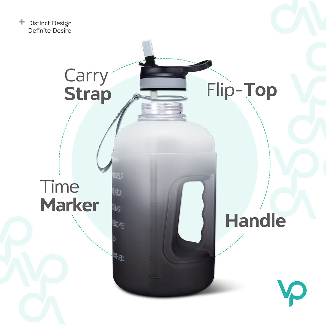 Half Gallon Water Bottle with 2 Lids, Large 64 oz Water Jug with Motivational Time Marker to Ensure You Drink Enough Water-White/Gray Gradient
