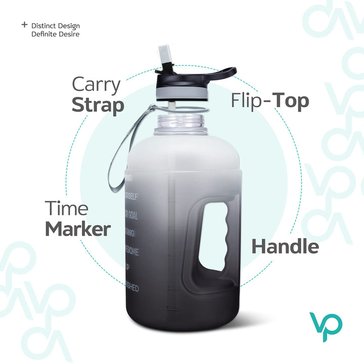 Half Gallon Water Bottle with 2 Lids, Large 64 oz Water Jug with Motivational Time Marker to Ensure You Drink Enough Water-White/Gray Gradient