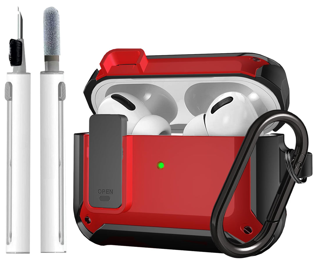 Airpods Pro Case Cover for Men Lock with Cleaner kit, Military Armor Series Full-Body AirPod Pro Case with Keychain Cool Air Pod Pro Shockproof Protective Case for AirPods Pro 2019, Black/Red