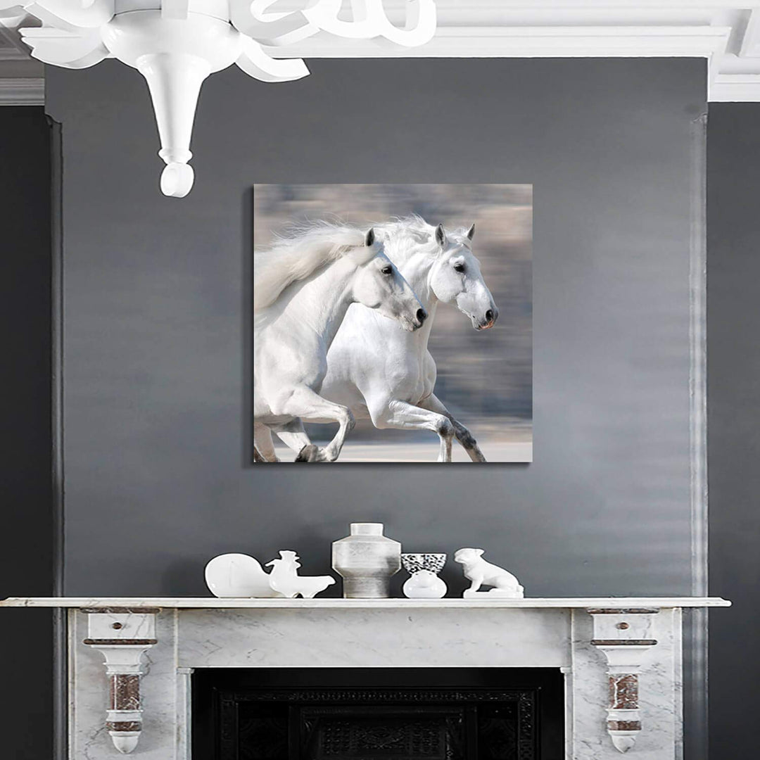 White Horse Picture Wall Art: Running Animal Artwork Painting Print on Wrapped Canvas for Living Room or Office (24'' x 24'')