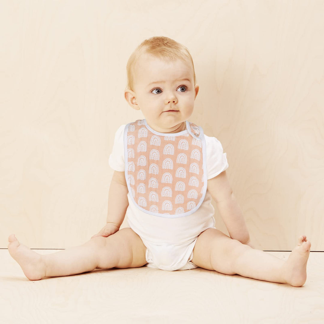 Snap Muslin Bibs for Girls, 3-Pack Baby Bibs for Infants, Newborns and Toddlers, 100% Cotton Muslin Absorbent & Soft Layers, Adjustable Snaps,Rainbow,Cosmos,Clouds
