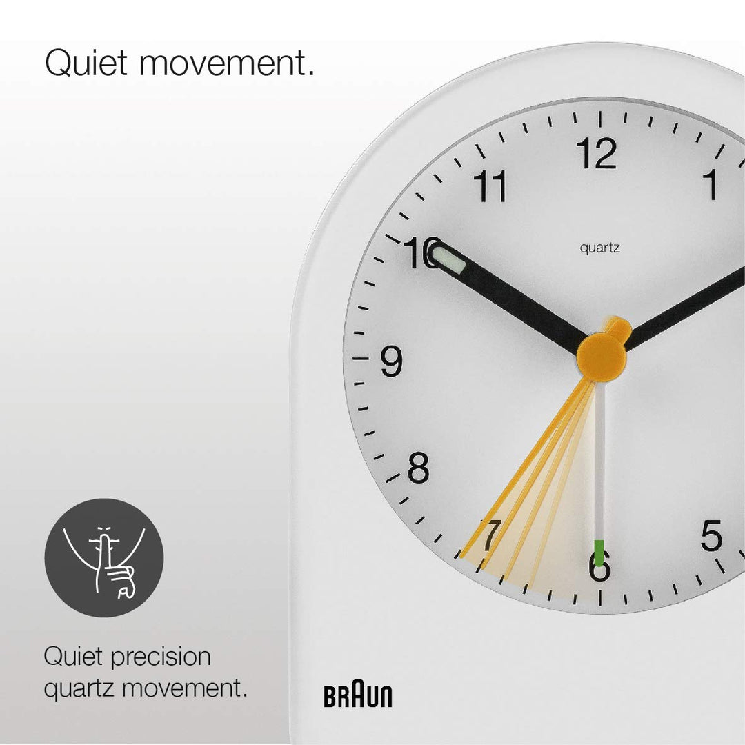 Classic Analogue Alarm Clock with Snooze and Continuous Backlight, Quiet Quartz Movement, Crescendo Beep Alarm in White, Model BC22W.