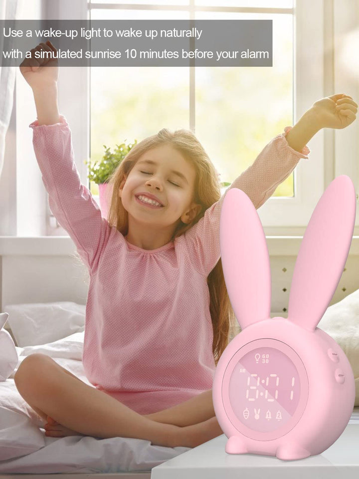 Kids Alarm Clock - Digital Wake Up Clock, Dimmable Ambient Lighting, Cute Rabbit Design, 5 Ringtones - Rechargeable, Perfect for Bedrooms