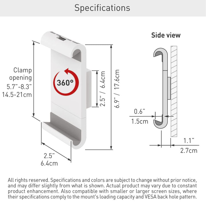 7-12 inch Fixed Tablet Wall Mount 3 lbs White Firm Tablet Clamp 360 Degree Rotation Very Low Profile