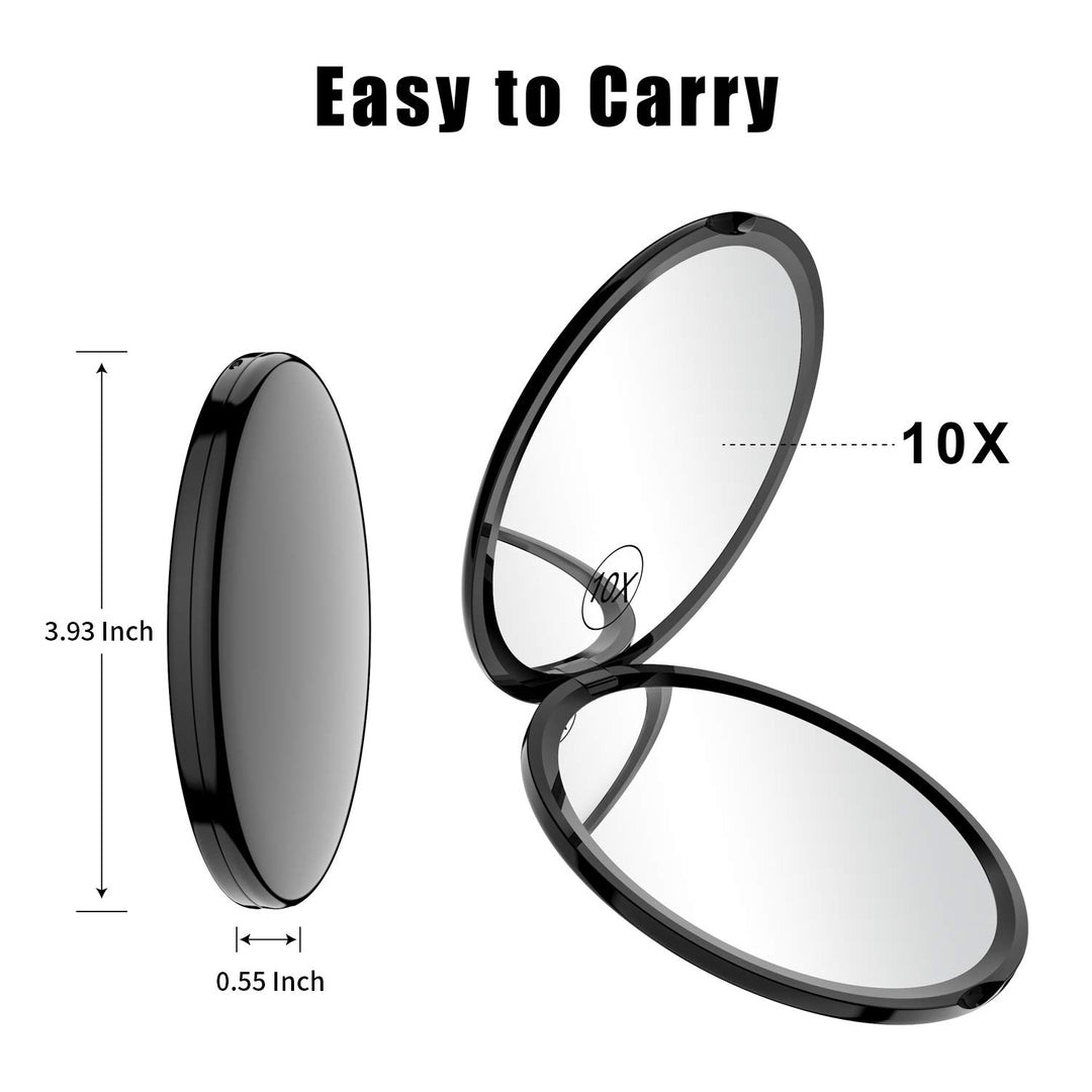 Magnifying Compact Mirror for Purses Double Sided Travel Makeup Mirror with 10X Magnification, 4 Inch Small Pocket Mirror, Portable Folding Great Compact Cosmetic Mirror (Black)
