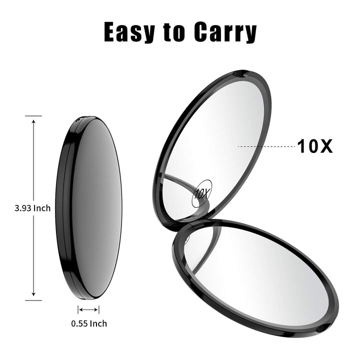 Magnifying Compact Mirror for Purses Double Sided Travel Makeup Mirror with 10X Magnification, 4 Inch Small Pocket Mirror, Portable Folding Great Compact Cosmetic Mirror (Black)