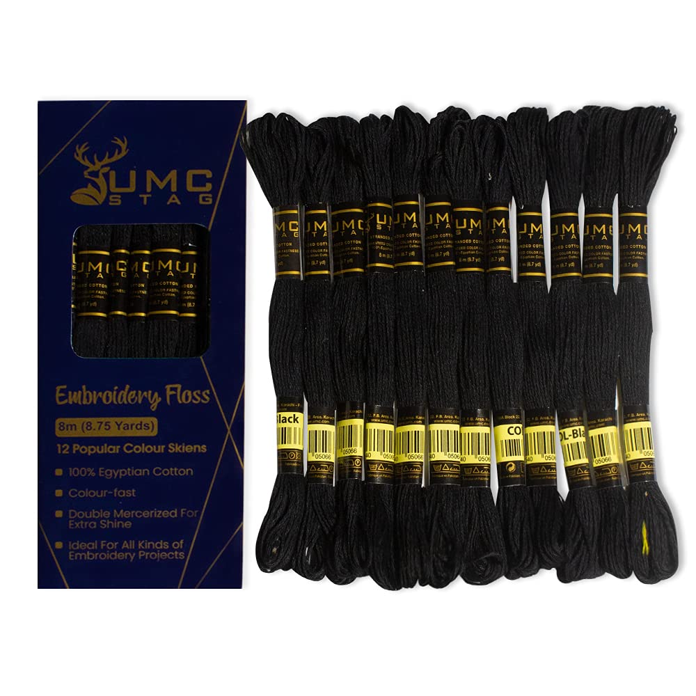 12 Pieces Black Colour Premium Embroidery Thread | 100% Egyptian Cotton Premium Skeins | Cross Stitch Embroidery Floss | Oeko TEX Certified Stranded Cotton (Black)