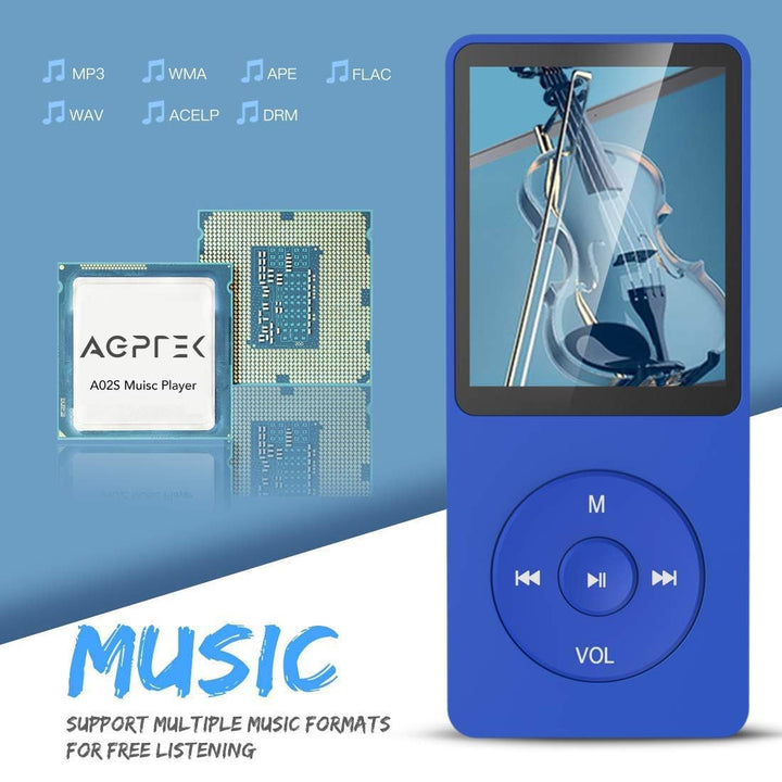 A02S 16GB MP3 Player, 70 Hours Playback Lossless Sound Music Player, Supports up to 128GB, Dark Blue