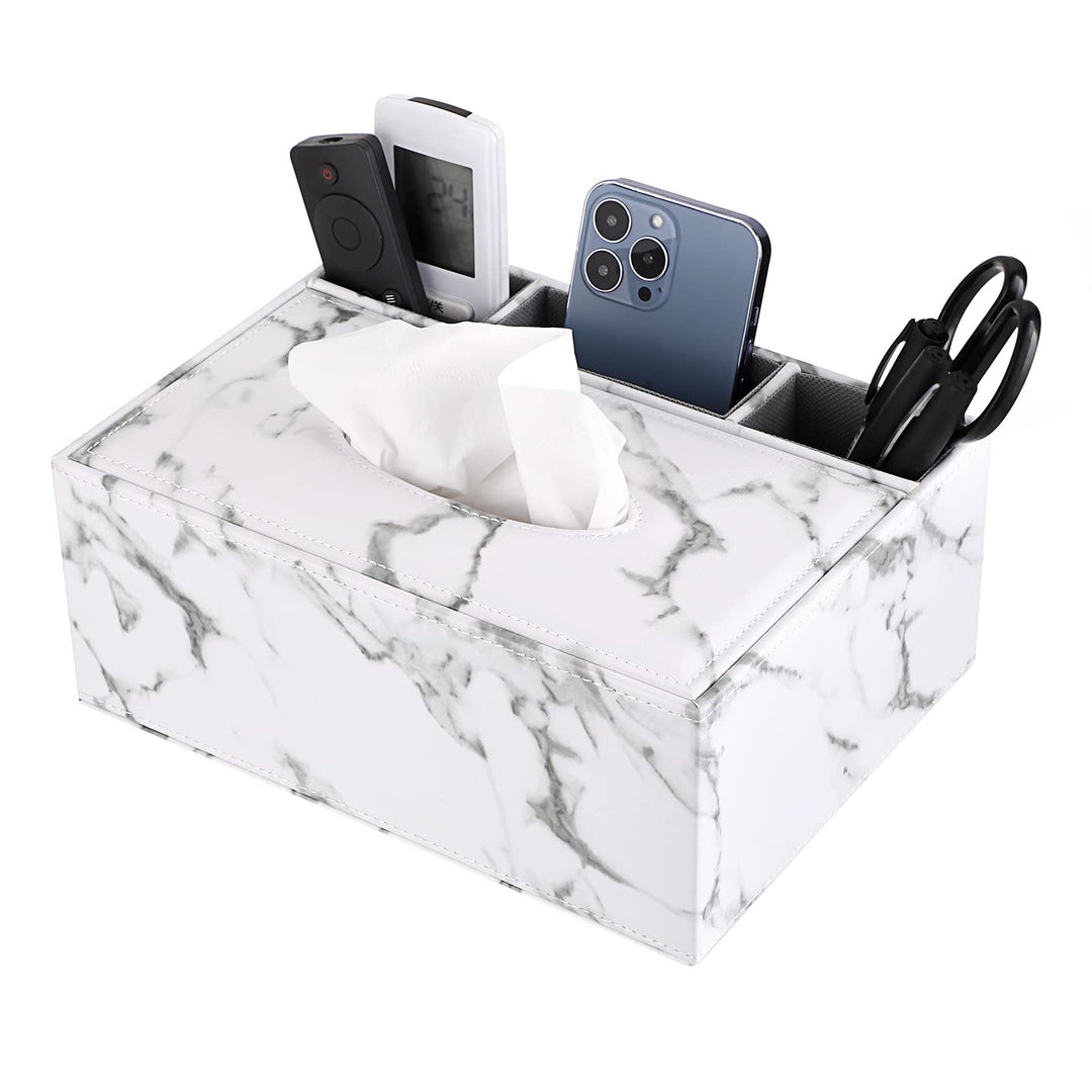 PU Rectangular Tissue Box Cover - Multifunctional Tissue Box Holder with Stationery Remote Control Box, Decorative Tissue Pen Remote Organizer for Home/Office/Car/Restaurant, Marble White