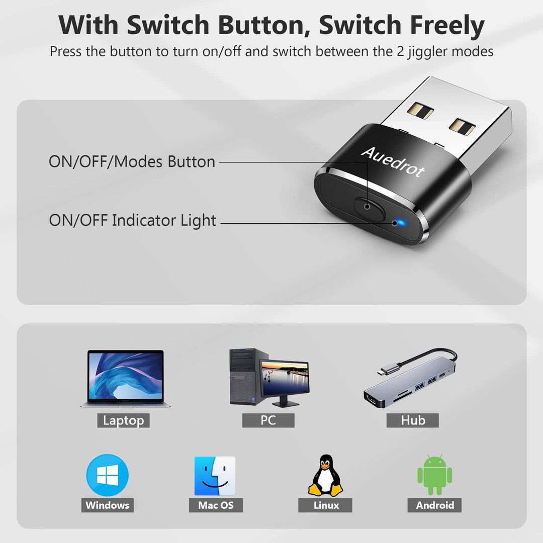 Auedrot Mouse Jiggler Undetectable Metal Mouse Mover USB with Switch Button, Automatic Mini Mouse Shaker with 2 Jiggle Modes, Mouse Simulator Driver-Free, Plug & Play Keep Computer/Laptop Awake, Black