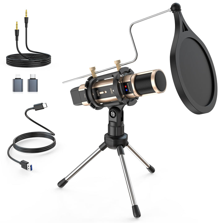 Studio Microphone, Condenser Recording & Broadcasting Microphone With Stand Built-in Sound Card Echo Recording Karaoke Singing for Phone PC Garageband Smule Live Stream & YouTube (Rose Gold)