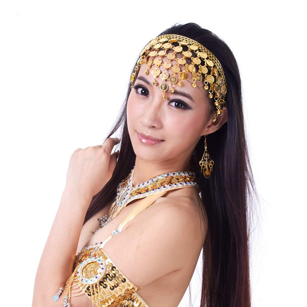 Belly Dance Hair Hoop Indian Dance Headband Tribal Headband with Bells and Coin Ornaments (Gold)