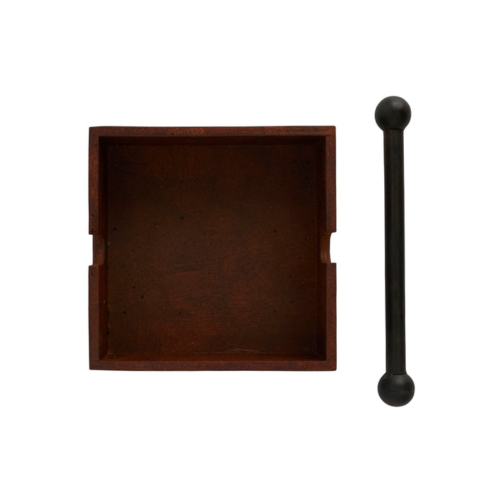 Square Wood Napkin Holder With Metal Bar, Large, brown