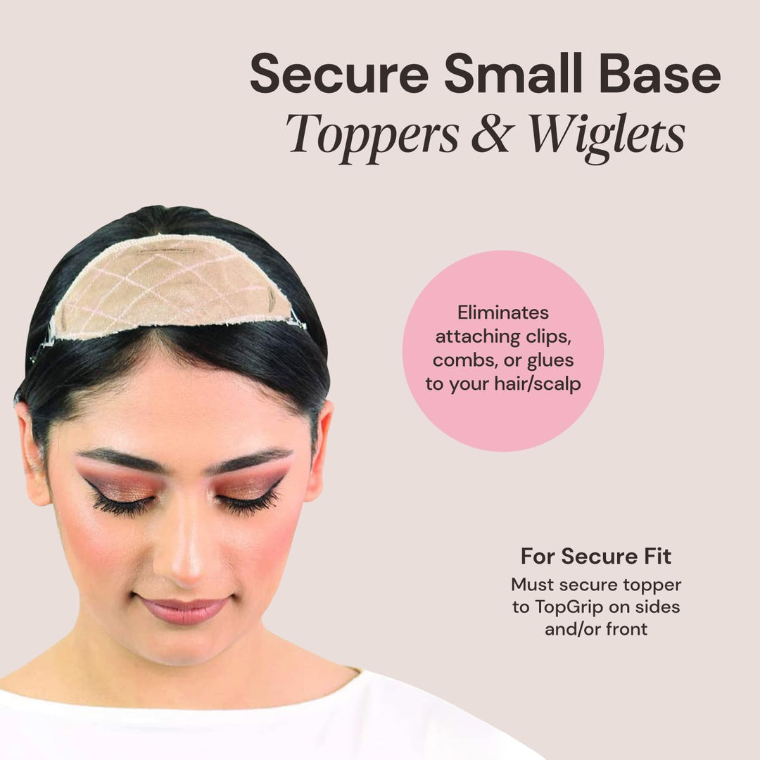 TopGrip Comfort Band for Small Base Toppers, Adjustable Translucent Strap, Side Openings to Secure Your Wig or Topper, Includes Clips, Beige, Small