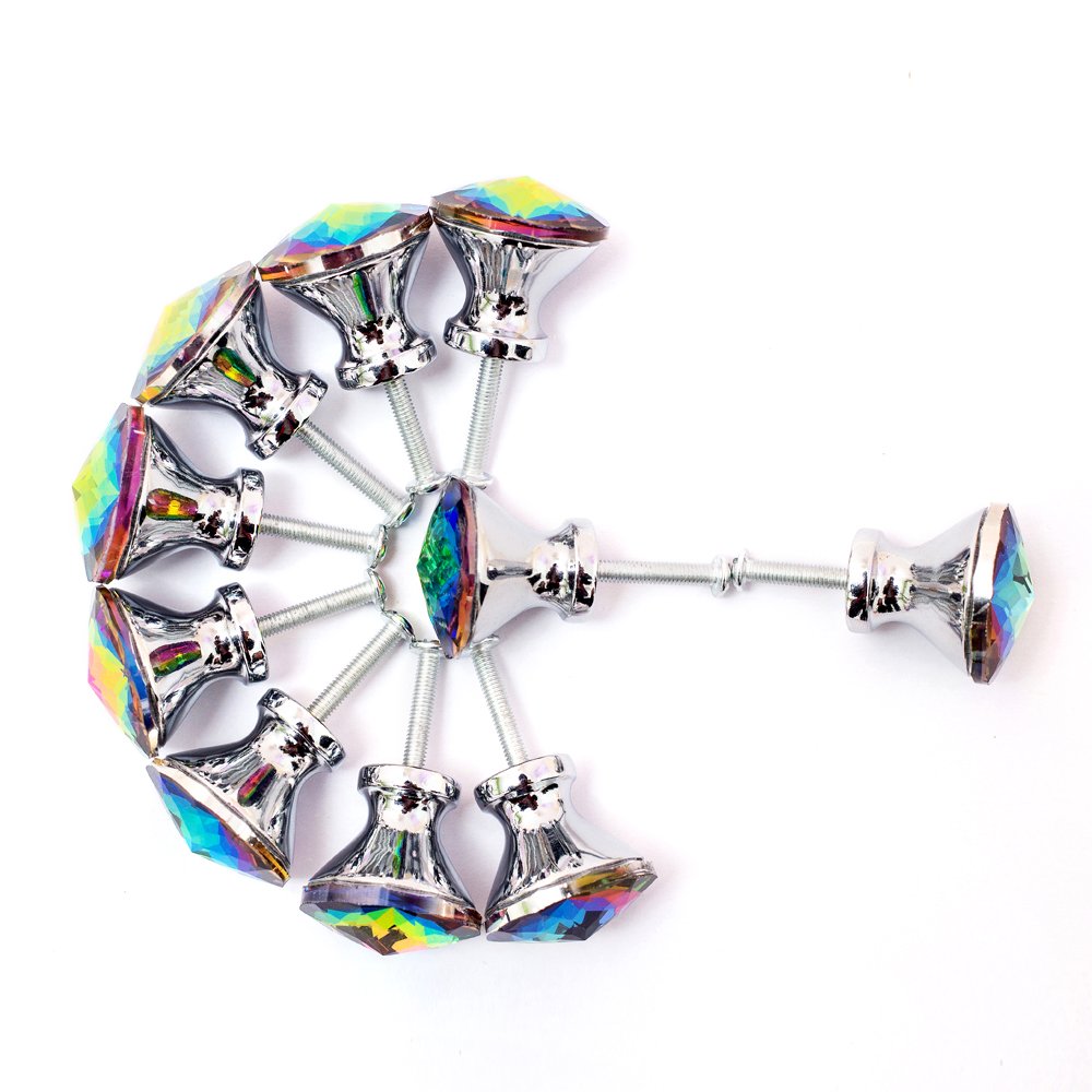 10 Pack Drawer Knobs, 30mm Colorful Crystal Glass Cabinet Dresser Pulls Diamond Shape Cupboard Wardrobe Knob with Screw for Kitchen Bathroom Office DIY