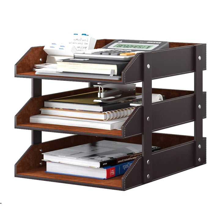 Leather Desk Organizer, VOYUTHY 3-Tier Stackable Desk Paper Tray for Files and Documents, Perfect Leather Letter Holder for Office (Brown)