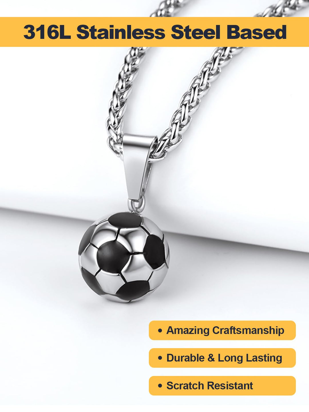 Men Sport Necklace Stainless Steel Rope Wheat Chain with Cool Enamel Black Ball Pendant Soccer Jewelry