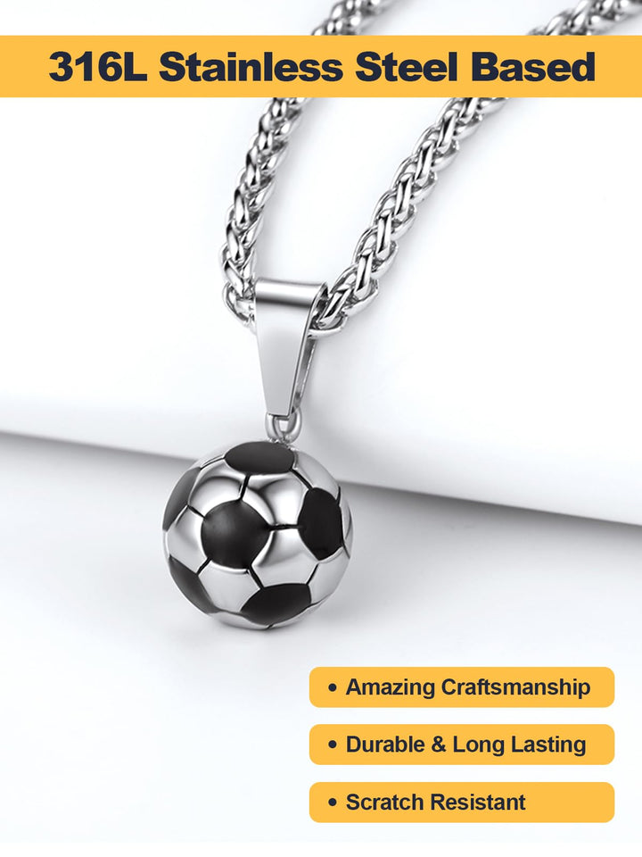 Men Sport Necklace Stainless Steel Rope Wheat Chain with Cool Enamel Black Ball Pendant Soccer Jewelry