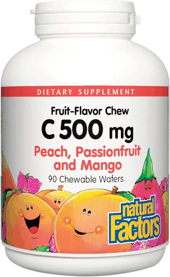 , Kids Chewable Vitamin C 500 mg, Supports Immune Health, Bones, Teeth and Gums, Peach, Passionfruit and Mango, 90 Wafers