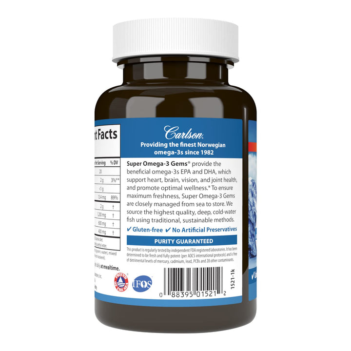 - Super Omega-3 Gems, 1200 mg Omega-3s, with EPA and DHA, Wild Caught Norwegian Fish Oil Supplement, Sustainably Sourced Fish Oil Capsules, Omega 3 Supplements, 100 Softgels