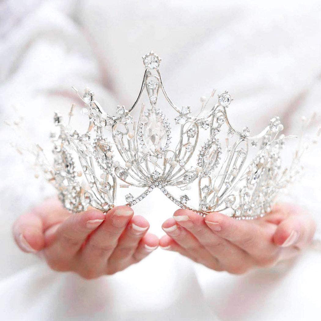 Silver Baroque Crowns and Tiaras Crystal Pearl Bride Wedding Crowns Bridal Rhinestones Tiaras for Festival Decorative Princess Tiaras Hair Accessories for Women and Girls (Silver)