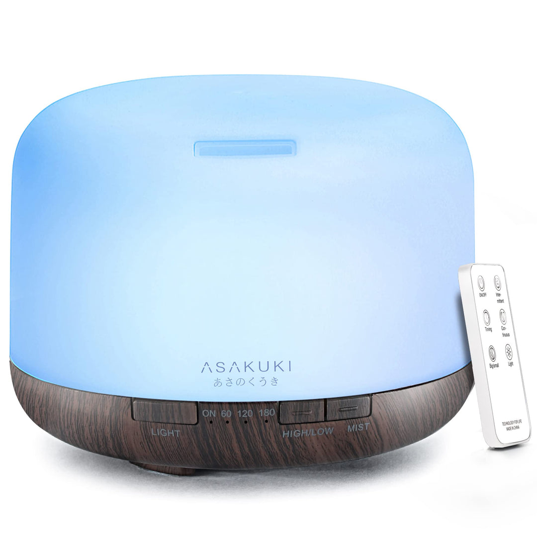 500ml Premium, Essential Oil Diffuser with Remote Control, 5 in 1 Ultrasonic Aromatherapy Fragrant Oil Humidifier Vaporizer, Timer and Auto-Off Safety Switch Brown