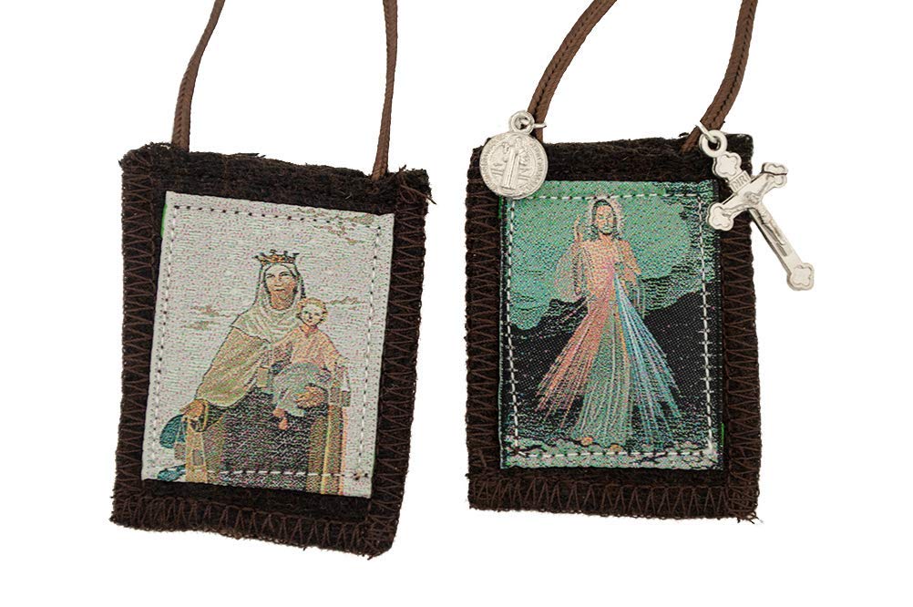 Catholic Holy Figure Saint Scapular | 100% Wool | Comes with Enrollment Papers (Divine Mercy and Our Lady of Mt. Carmel)