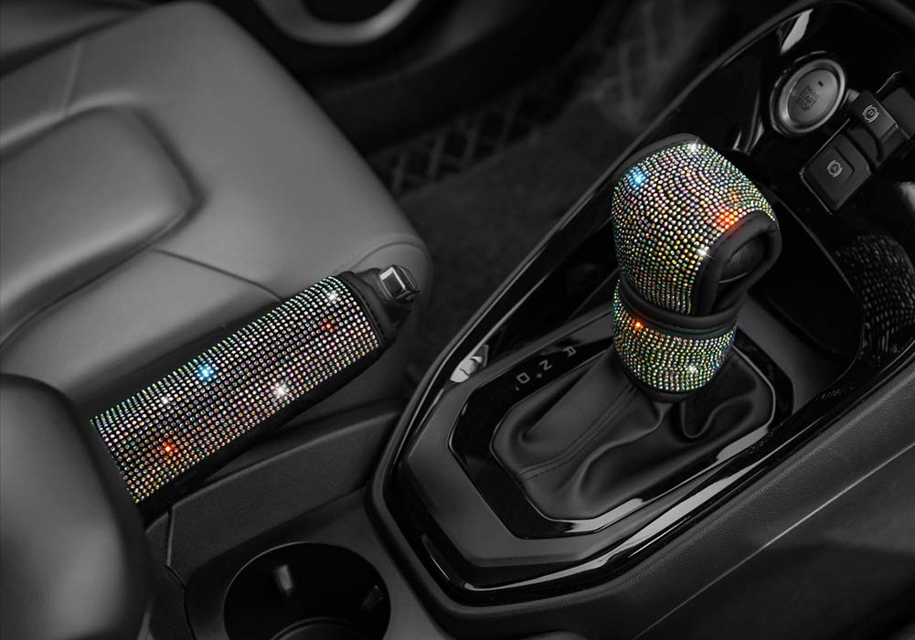 Universal Velvet Seat Belt Shoulder Pads with Bling Rhinestones Car Seat Belt Cover,Crystal Handbrake Cover, Bling Ring Set 4 Pack Set