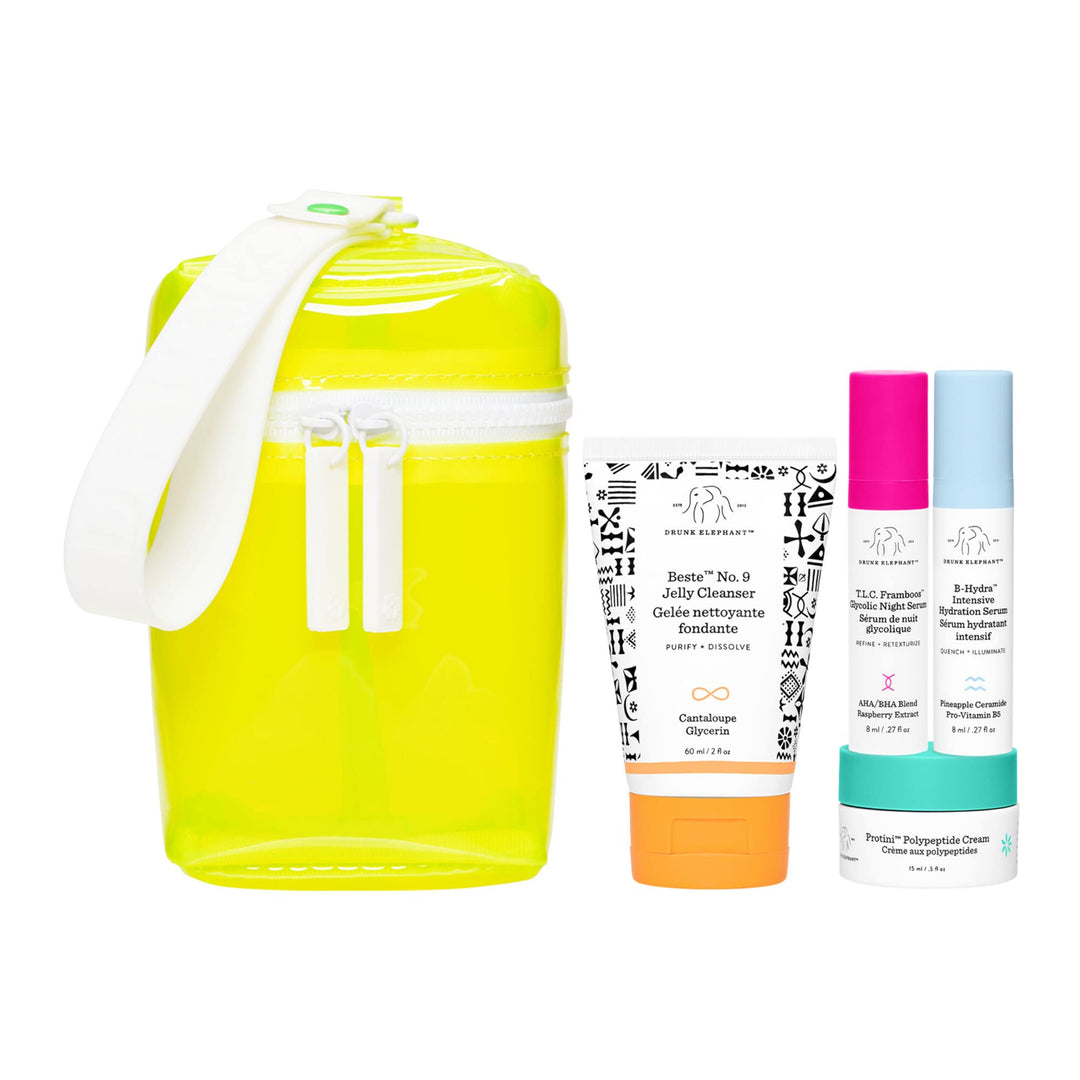 Littles Night Out Evening Skin Kit – Night Skin Care Set. Beste No. 9 Jelly Cleaner, T.L.C. Framboos Glycolic Night Serum, B-Hydra Intensive Hydration Serum, Protini Peptide Cream