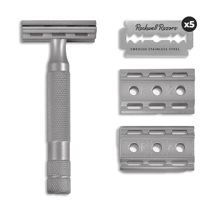 6S Stainless Steel Double-Edge Safety Razor with 6 Adjustable Shave Settings and 5 Blades, 8 Piece Set, Silver