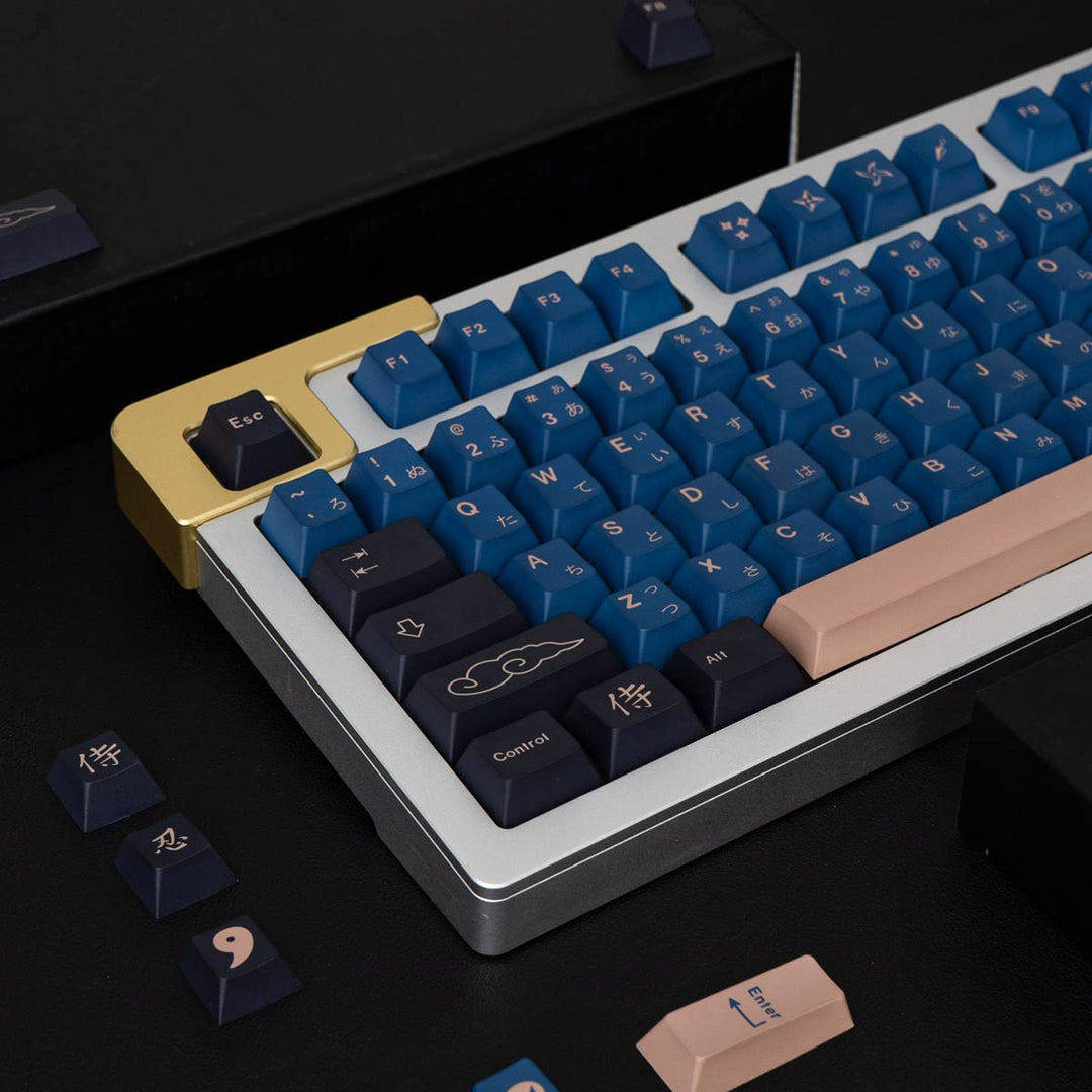 Blue Samurai Keycaps 129 Keys Cherry Profile Dye Sub PBT Keycap Set Japanese Key caps Fit for 61/64/87/104/108 Cherry Mx Switches Mechanical Keyboard