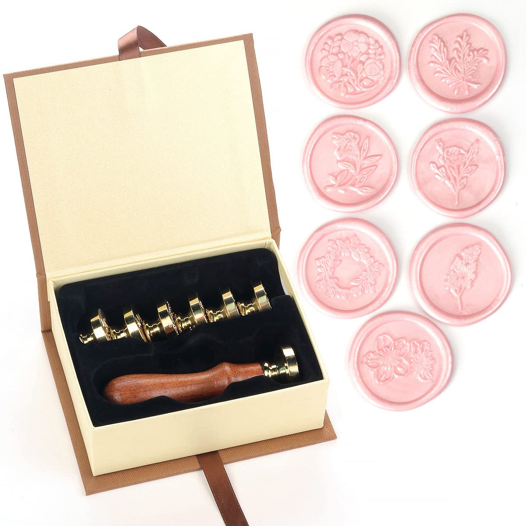Wax Seal Stamp Kit, 7pcs Floral Rosemary Cherry Blossoms Wreath Fern Wax Seal Stamp Kit Copper Seals + 1pcs Wooden Hilt, Retro Flower Sealing Stamp Set for Wedding Envelopes Invitation (F04)