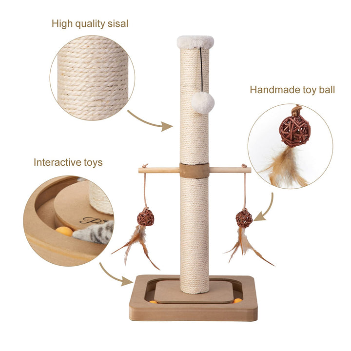 Cat Scratching Post Premium Sisal Scratch Posts with Tracking Interactive Toys Vertical Scratcher for Indoor Cats and Kittens- 25 inches Beige