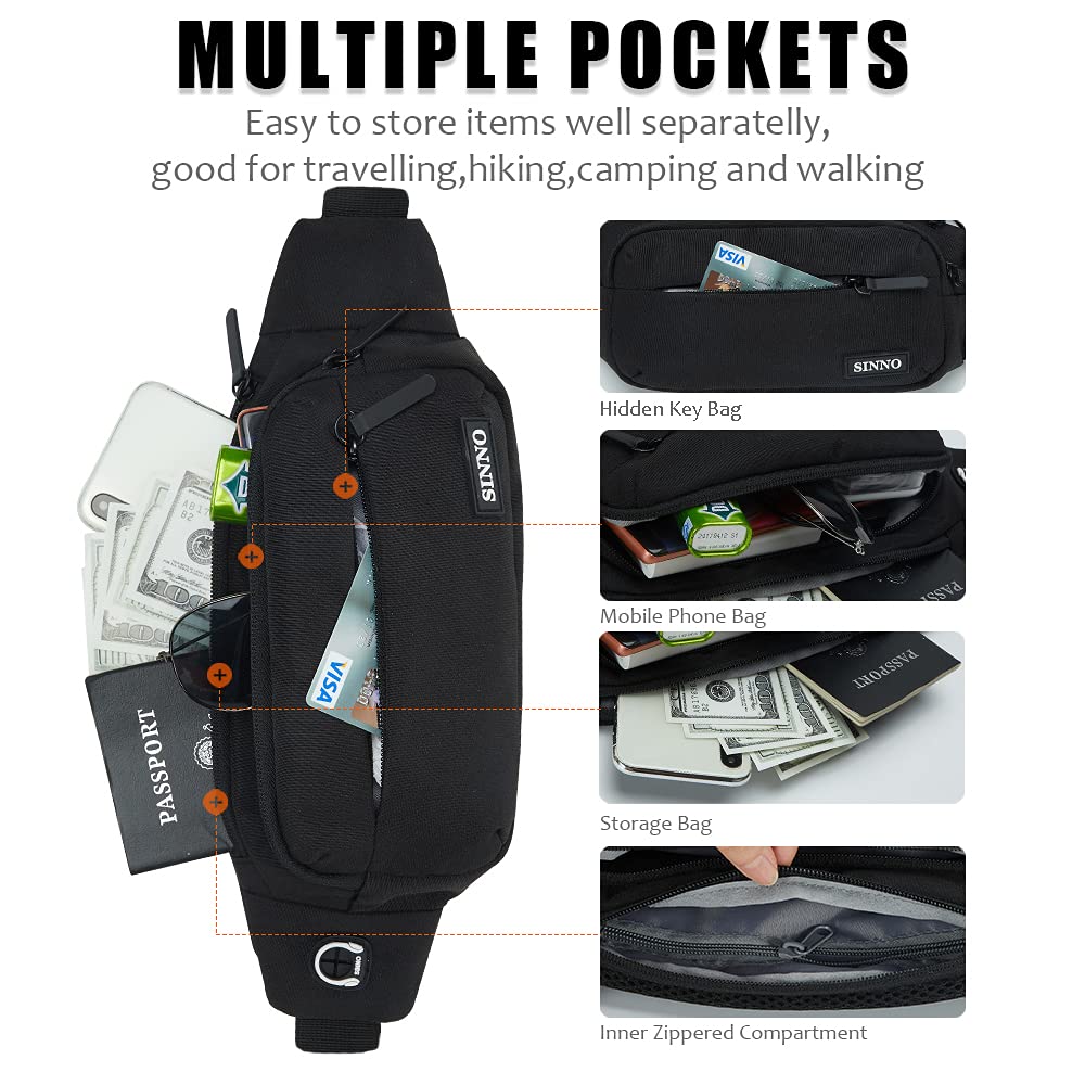 Black Fanny Packs for Women Men Fashionable Waterproof Belt Bag Gifts for Running Sport Workout Hiking Travel Crossbody Plus Size Waist Pack Phone Bag Wallets Purse Carrying All Phones