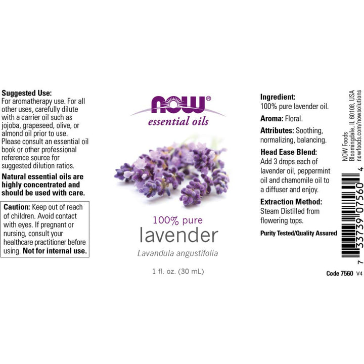 NOW Essential Oils, Lavender Oil, Soothing Aromatherapy Scent, Steam Distilled, 100% Pure, Vegan, Child Resistant Cap, 1-Ounce