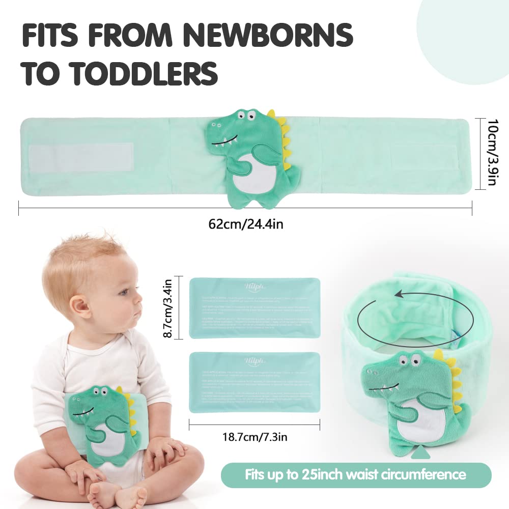 Baby Colic, Gas and Upset Stomach Relief, Heated Warmer Tummy Wrap with 2 Gel Packs for Newborns and Infants, Baby Heating Pad Swaddling Belt Natural Relief (Green Dinosaur)