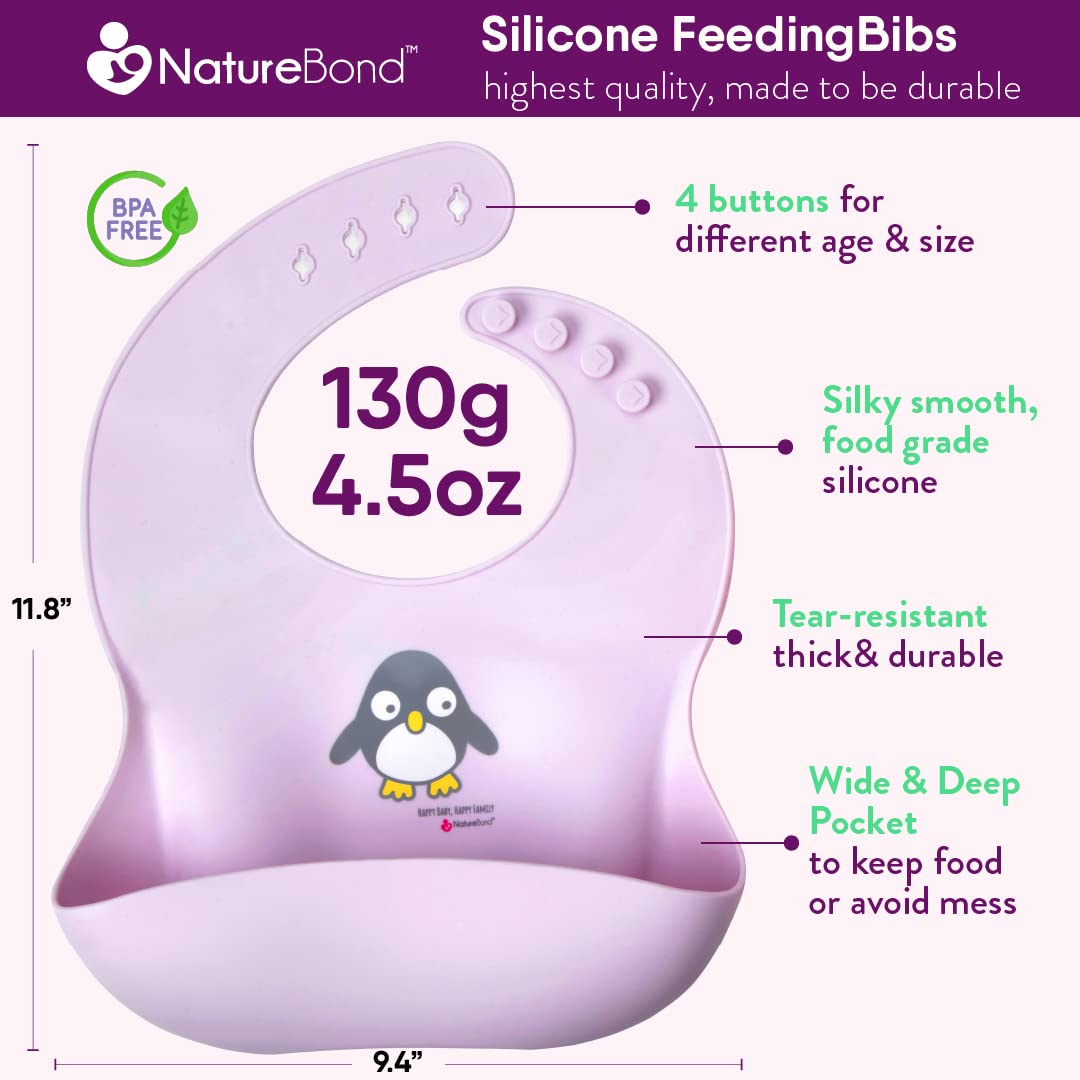 Waterproof Baby Bibs, Silicone Weaning Bibs for Babies & Toddlers, Set of 2 w/Carry Pouch | Comfortable Soft 4 buttons Bib
