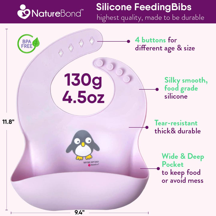 Waterproof Baby Bibs, Silicone Weaning Bibs for Babies & Toddlers, Set of 2 w/Carry Pouch | Comfortable Soft 4 buttons Bib