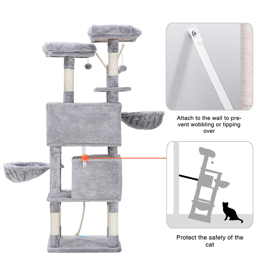 Cat Tree,Cat Tower,Cat Condo with Scratching Posts,Basket,2 Caves,2 Plush Perches,Activity Center with Removable Fur Ball Sticks,Light Grey MPJ027W