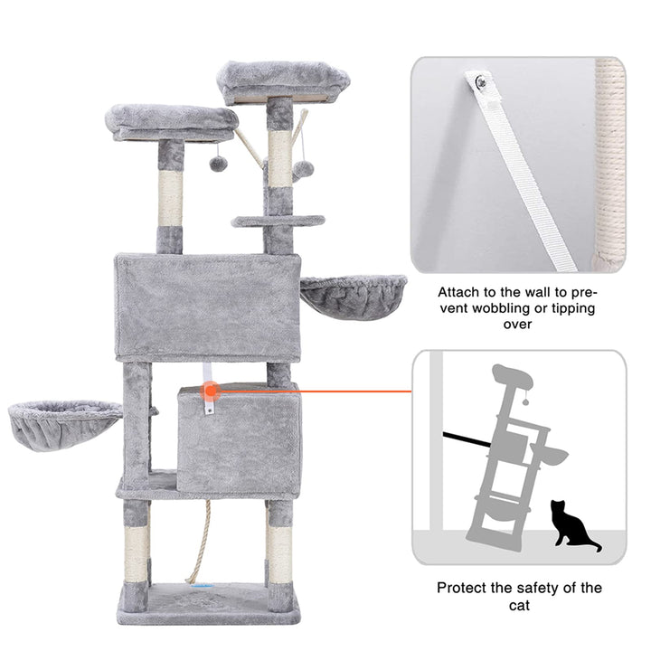 Cat Tree,Cat Tower,Cat Condo with Scratching Posts,Basket,2 Caves,2 Plush Perches,Activity Center with Removable Fur Ball Sticks,Light Grey MPJ027W