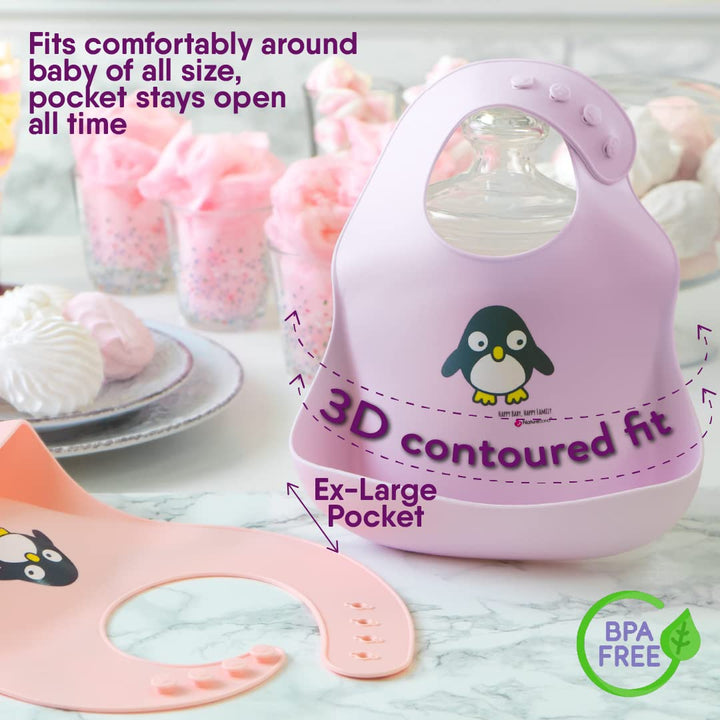 Waterproof Baby Bibs, Silicone Weaning Bibs for Babies & Toddlers, Set of 2 w/Carry Pouch | Comfortable Soft 4 buttons Bib