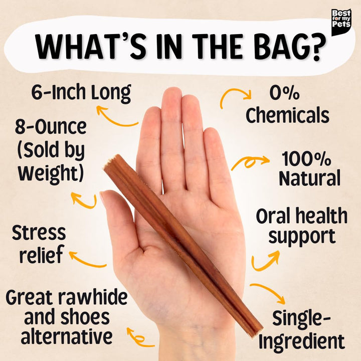 Odor Free Bully Sticks, Long-Lasting Chews to Keep Puppies and Dogs Happily Busy, All-Natural Fully Digestible, 6-Inch Long, 8-Ounce Bag