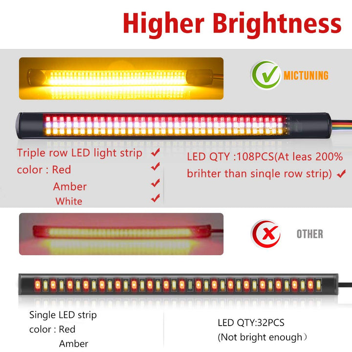 Motorcycle 9 Inches Red/White/Amber Led Tail lights Triple 108 LED Lights Strip with Turn Signal Brake Stop Reverse Running Light License Plate Light, Flexible Led Light for Motorcycles