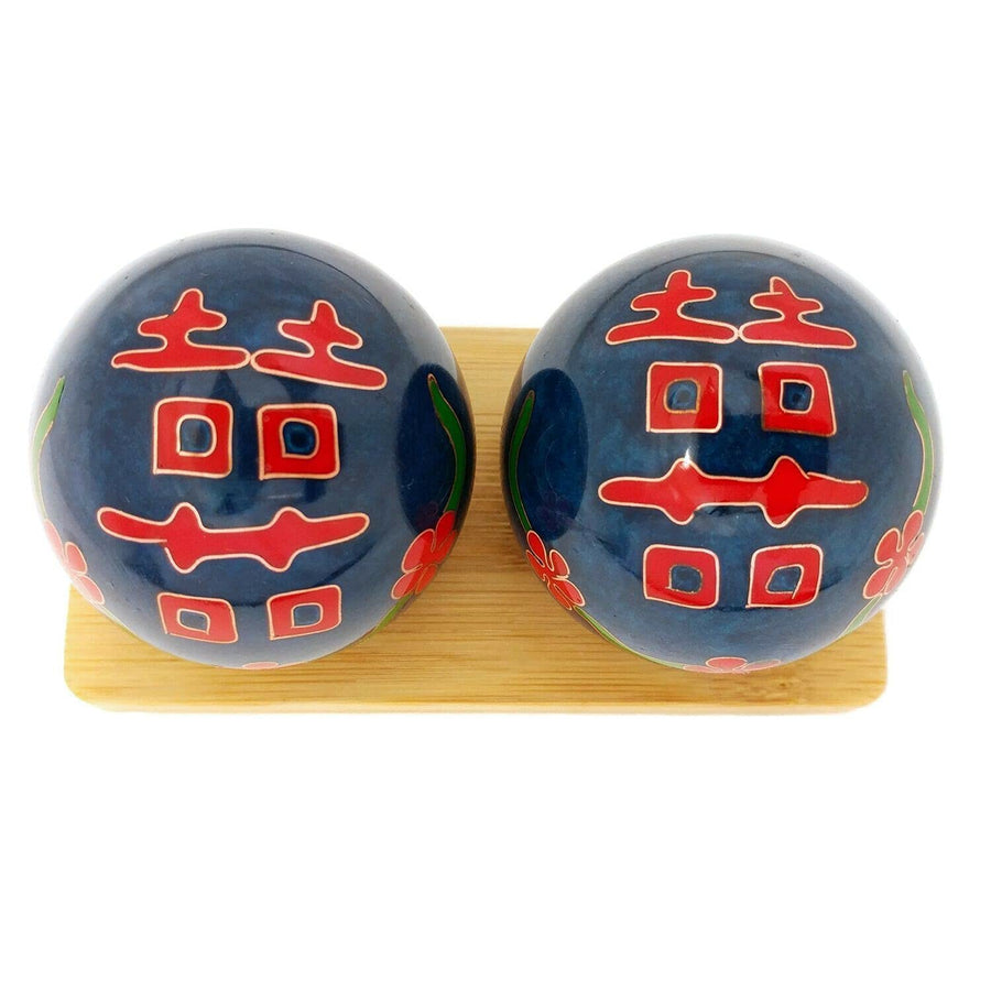 Double Happiness Baoding Balls with Bamboo Stand (Medium 1.6 Inch)