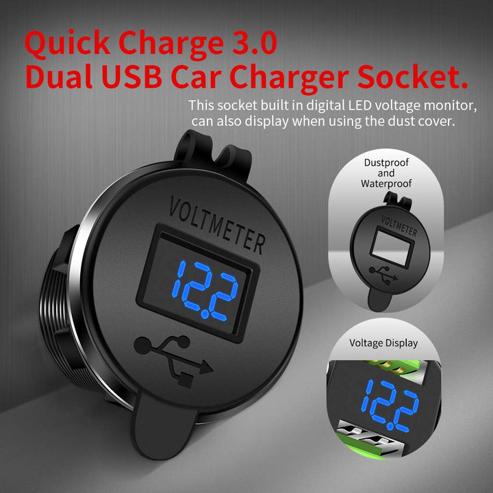 DaierTek 12V Dual USB Charger Socket for Automotive Car Marine RV RZR Boat ATV Bus Truck, Quick Charge 3.0 Waterproof with Blue LED Voltmeter and Wire Fuse DIY Kit - 2pcs
