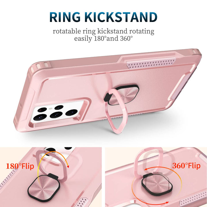 for Galaxy S22 Ultra Case Heavy Duty Full Body Shockproof Kickstand with 360°Ring Holder Support Car Mount Hybrid Bumper Silicone Hard Back Cover for Samsung S22 Ultra 6.8 Rose Gold